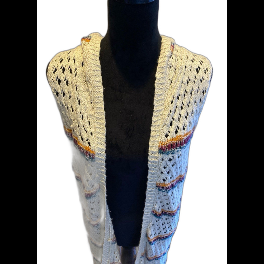 Blu Pepper Cardigan Sweater Vest Size Large Cream W/ Stripes Hood Sleeveless